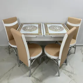 Set masă Marmură Albă acoperita cu sticlă și 4 scaune bej piele