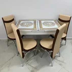 Комплект из небольшого столика из белого мрамора со стеклянной столешницей и 4 бежево-коричневых кожаных стульев