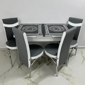 Set masă Neagră Versace acoperita cu sticlă și 4 scaune alb-gri piele