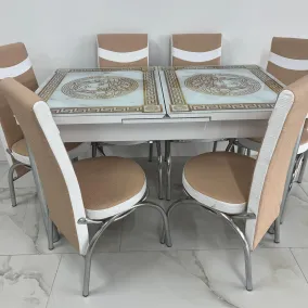 Set masa extensibila Alb-Bej 6 Scaune