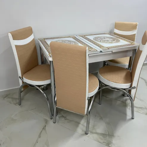 Set masă Marmură Albă acoperita cu sticlă și 4 scaune bej piele