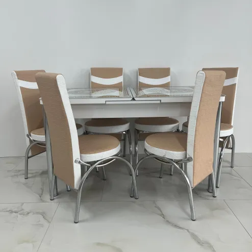 Set masa extensibila Alb-Bej 6 Scaune