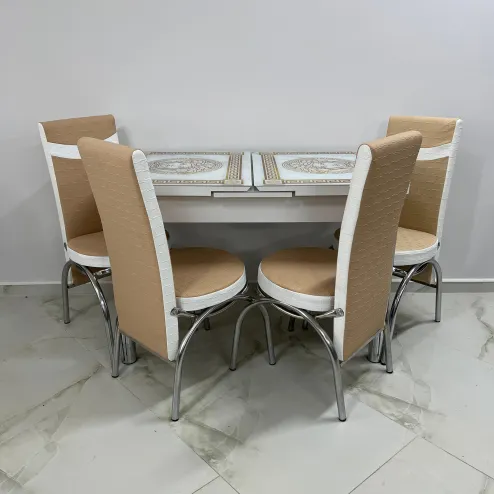 Set masă Marmură Albă acoperita cu sticlă și 4 scaune bej piele