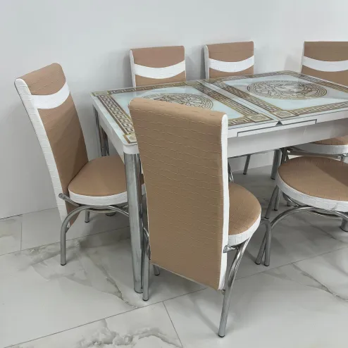 Set masa extensibila Alb-Bej 6 Scaune