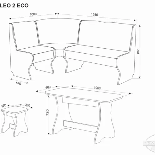 Кухонный уголок Cleo-2 ECO белый + стол + 2 табурета